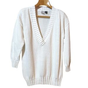 Vintage V Neck Paul Et Duffier White Cotton Ramie Deep V-Neck Knit Sweater Sz L